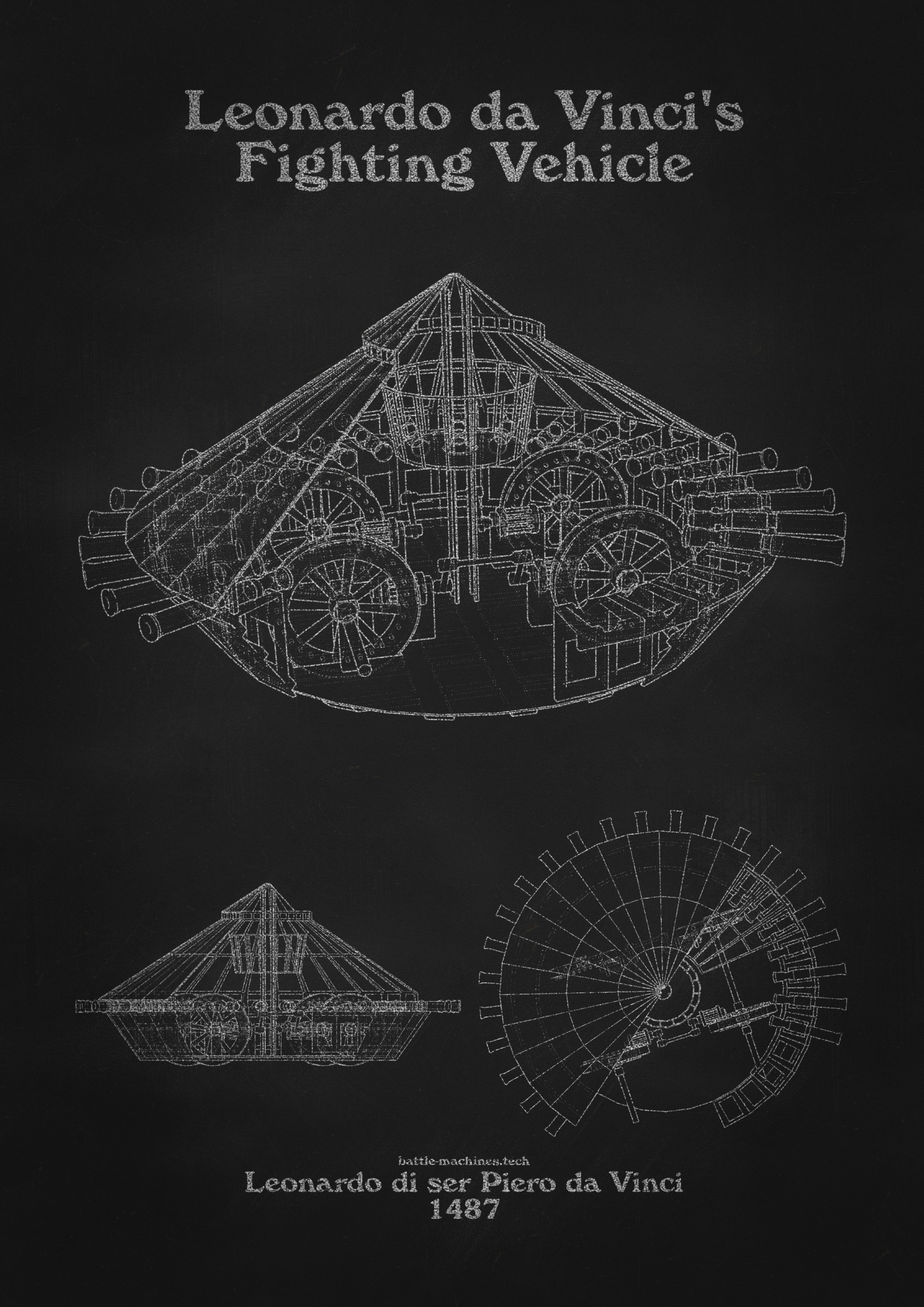 Da Vincis Tank patent art on blackboard